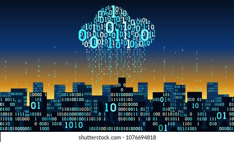Abstract futuristic smart city with the Internet of things and artificial intelligence, connected to cloud storage of big data, binary rain - data stream, network digital technology concept