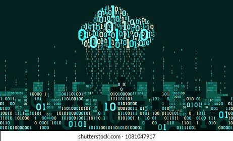 Abstract futuristic smart city with the Internet of things and artificial intelligence, connected to cloud storage of big data, binary rain - data stream, network digital technology concept