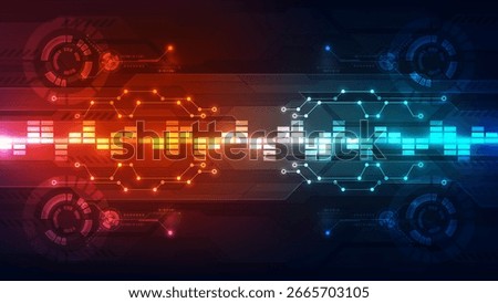 Abstract futuristic sound equalizer with red-orange and blue neon colors, integrated with digital circuit lines and HUD interface elements, sound visualization, and music technology background.