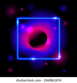 abstract futuristic space faded circles fluid color flow gradient shapes in blue pink colors with neon glowing light square frame on dark background 