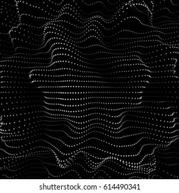 Abstractas malla espacial futurista con partículas destruidas al azar, caos y fondo negro para conceptos de diseño, Fondos de pantalla, presentaciones, Web, impresiones. Diseño de render 3D. Ilustración vectorial.