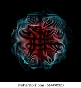 Forma abstracta de espacio futurista, malla con aleatoriedad, caos destruido partículas y fondo negro para conceptos de diseño, fondos de pantalla, presentaciones, web, impresiones. Diseño de procesamiento 3D. Ilustración vectorial.