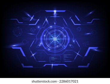 abstract futuristic spaceship control screen technology circle with crosshair Measuring Elements A beam of light with a line that shoots towards a blue gradient background.