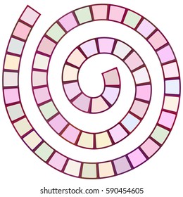 Abstract futuristic spiral maze, pattern template for children's games, purple lilac mauve squares isolated on white background. Vector