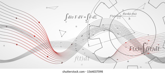 Abstract futuristic stripe line pattern with gear wheel and math formula on grey color background. Science, technology and engineering concept
