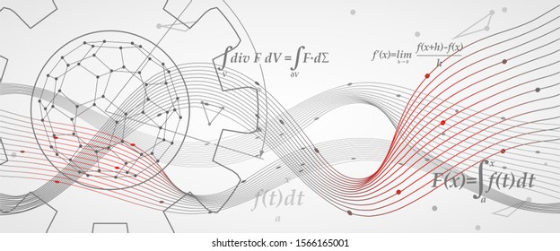 Abstract futuristic stripe line pattern with gear wheel and math formula on grey color background. Science, technology and engineering concept