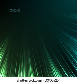 Abstract futuristic tech background. Shades of green and blue on space black. Glowing rays of light. Movement direction concept.