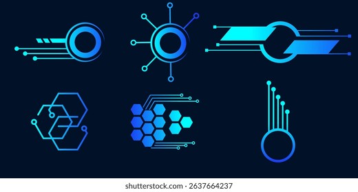 Abstract Futuristic Tech Icons Network, Circuit, Hexagon Designs