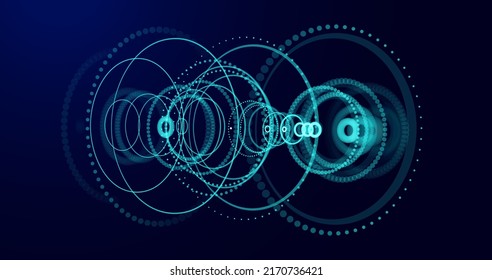 Abstract Futuristic Tech Object. Spaceship System HUD Design Elemet. 3D Hologram Display of Glowing Particles Circles . Vector Science Fiction Art and Futuristic Technology Art Illustration.