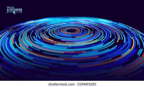 Abstract Futuristic Tech Object. Spaceship System HUD Design Elemet. 3D Hologram Display of Glowing Particles Circles . Vector Science Fiction Art and Futuristic Technology Art Illustration.