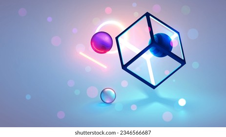 Resumen de fondo tecnológico futurista con objetos 3d en el espacio sobre un fondo blanco claro. Las formas geométricas brillantes de neón cuelgan en el aire en espacio 3d. Pancarta de tecnología resumida en un estilo moderno.