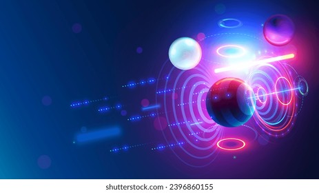 Resumen de fondo tecnológico futurista con objetos 3d en el espacio sobre un fondo azul oscuro. Las formas geométricas brillantes de neón cuelgan en el aire en espacio 3d. Pancarta de tecnología resumida en un estilo moderno.