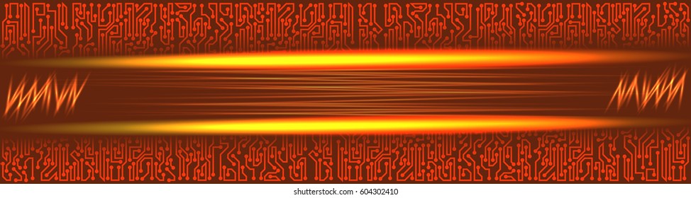 Abstract futuristic technological banner with circuit board elements of red, orange, and yellow shades