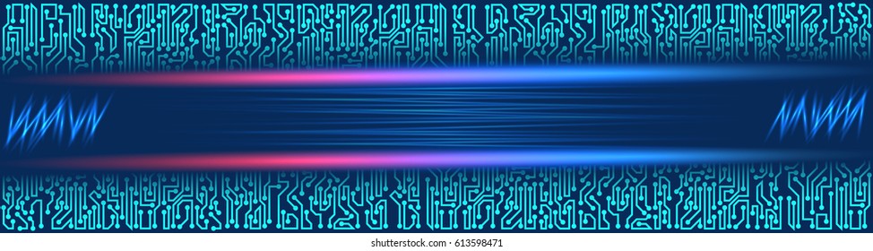Abstract futuristic technological banner with circuit board elements of violet and blue shades
