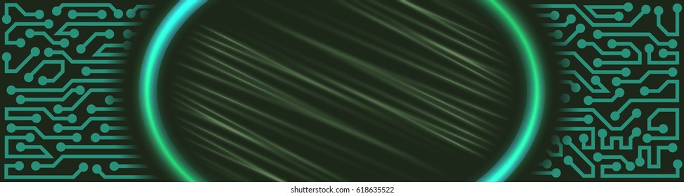 Abstract futuristic technological banner with circuit board elements of green shades