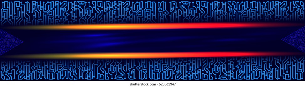 Abstract futuristic technological banner with circuit board elements of blue, red, and orange shades