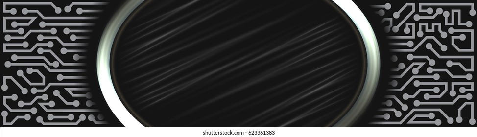 Abstract futuristic technological banner with circuit board elements of black, gray, and white shades