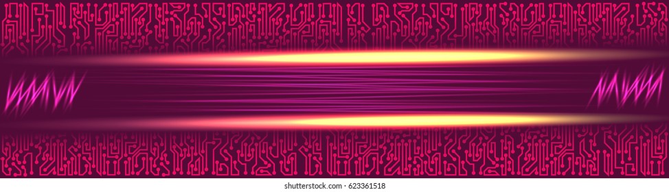Abstract futuristic technological banner with circuit board elements of violet, red, and yellow shades
