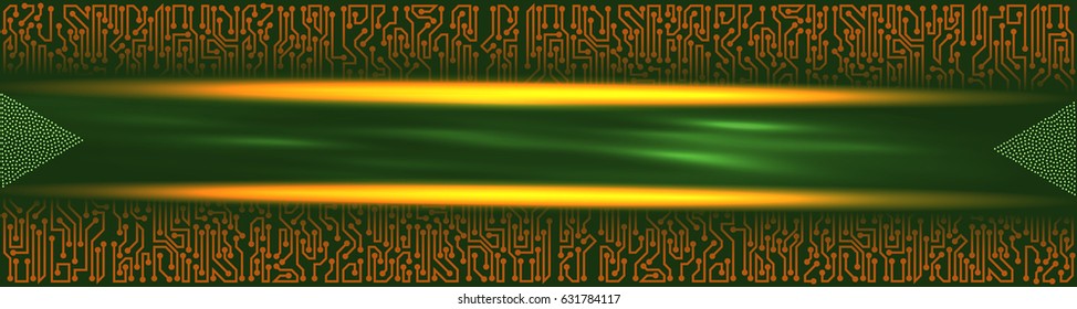 Abstract futuristic technological banner with circuit board elements of green, orange, and yellow shades