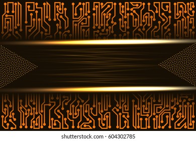 Abstract futuristic technological layout with circuit board elements of brown, orange, and yellow shades