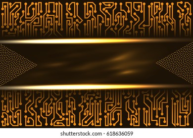 Abstract futuristic technological layout with circuit board elements of brown, orange, and yellow shades