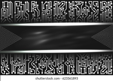 Abstract futuristic technological layout with circuit board elements of black, gray, and white shades