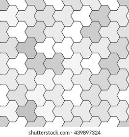 Abstract futuristic technological texture with geometric puzzle elements of differently shaded gray color. Vector seamless pattern.