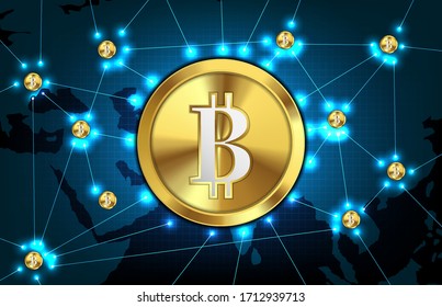 abstract futuristic technology background of bitcoin and world maps,  digital cryptocurrency worldwide