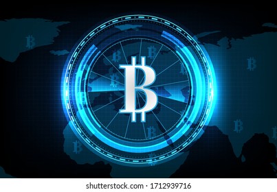 abstract futuristic technology background of bitcoin and world maps,  digital cryptocurrency worldwide