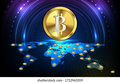 abstract futuristic technology background of bitcoin and world maps,  digital cryptocurrency worldwide