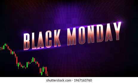 abstract futuristic technology background of black monday text stock market and candle stick bar chart graph green and red 