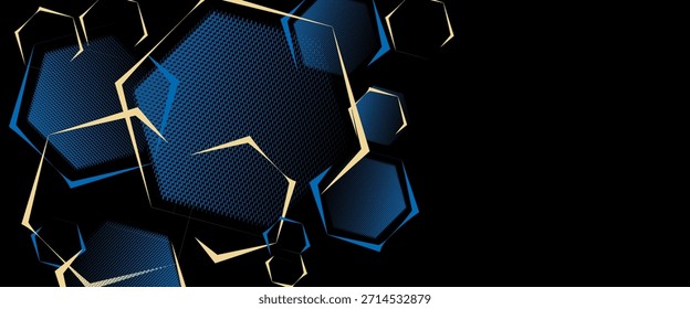 Abstractas fondo de tecnología futurista con Formas de hexágono azul, textura digital y líneas geométricas doradas sobre fondo oscuro. Diseño moderno de alta tecnología para la innovación y el uso corporativo.