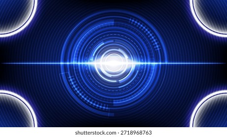 Abstractas fondo de tecnología futurista con círculos brillantes azules, interfaz digital HUD y efecto de energía de haz de luz central
