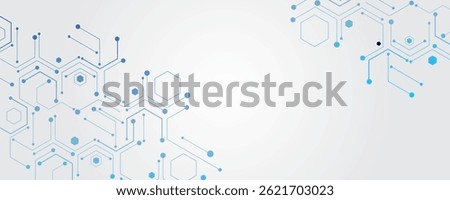 Abstract futuristic technology background with blue hexagons, digital circuit lines, and modern minimal design. High-tech network layout, virtual communication, data flow visualization