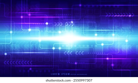 Abstract futuristic technology background with bright blue color, radiating light, glowing circuits, arrow patterns, and geometric shapes element. Vector illustration