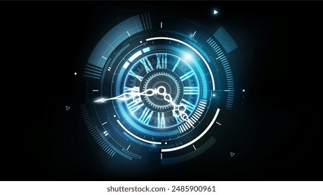 Fondo Abstractas de la Tecnología futurista con el concepto del reloj y la máquina del tiempo, puede girar las manecillas del reloj, Ilustración vectorial.