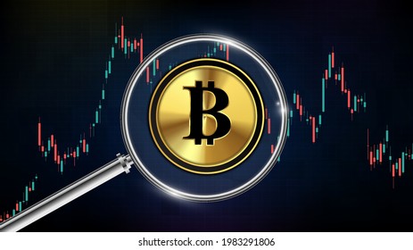 abstract futuristic technology background of cryptocurrency bitcoin with magnifying glass and chart graph candle stick