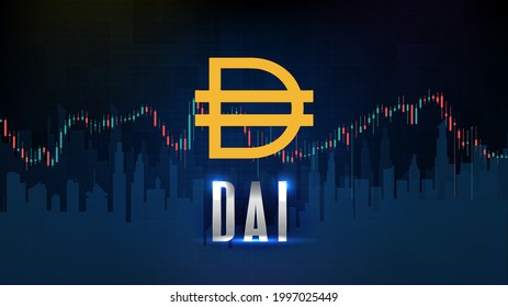 abstract futuristic technology background of cryptocurrency DAI stable coin and chart graph candle stick svg