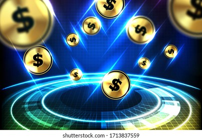 abstract futuristic technology background of digital money transfer us dollar coin and hud screen ui interface