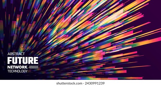 Fondo de tecnología futurista abstracto con visualización de flujo de datos digitales para el concepto de alta tecnología y ciencia. Transmisión inalámbrica de grandes datos de alta velocidad. Rastros de luz del arco iris. Ilustración de vector