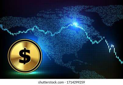 abstract futuristic technology background of dollar coin, digital world maps and market graph down
