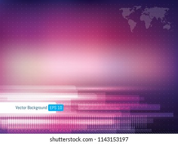 Abstract futuristic technology background with dotted lines, background for internet banner with world map. Scientific or medical purple background.