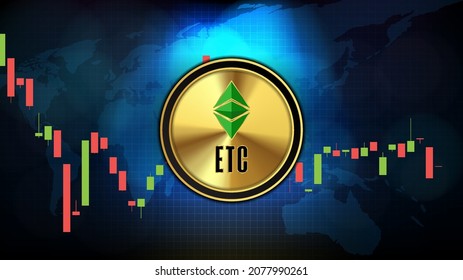 abstract futuristic technology background of Ethereum Classic (ETC) coin digital cryptocurrency and market graph volume indicator