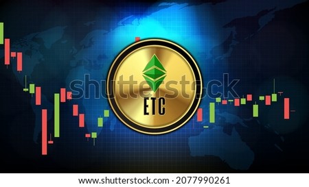 abstract futuristic technology background of Ethereum Classic (ETC) coin digital cryptocurrency and market graph volume indicator