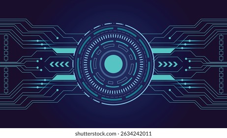 Abstrakter futuristischer Technologiehintergrund mit einer leuchtenden kreisförmigen HUD-Schnittstelle und horizontalen Schaltungslinien. Ideal für digitale Kommunikation, Cybersicherheit und Innovation.