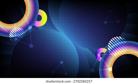 Abstract futuristic technology background featuring glowing neon rings. Holographic geometric gradient shapes, Digital grid patterns presentation design