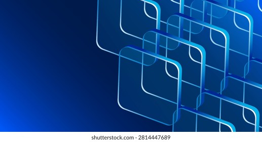 Abstract futuristic technology background featuring multiple transparent glass panels arranged in an overlapping geometric grid with blue gradients. This modern digital illustration symbolizes cloud computing, data architecture, software infrastructure, networking, cybersecurity, artificial intelligence, digital transformation, and enterprise technology. Perfect for web banners, UI design, dashboards, fintech, SaaS, cloud services, presentations, innovation, and business branding.