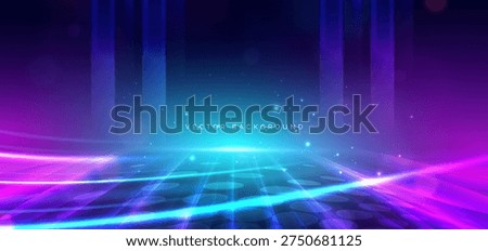 Abstract futuristic technology background featuring neon glowing light streaks, perspective grid floor, and digital horizon stage. Vector illustration
