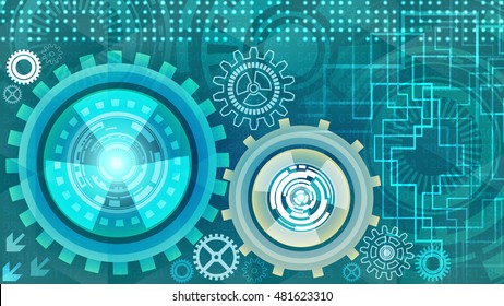 Abstract futuristic technology background with gears in light blue and white shades. Digital technology and engineering concept design