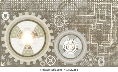 Abstract futuristic technology background with gears in grey and white shades. Digital technology and engineering concept design